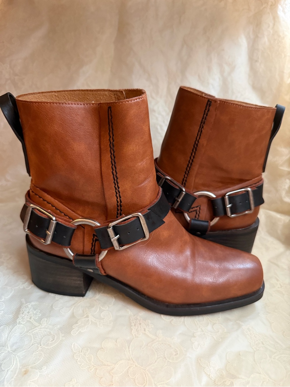 SOLD BEAST FASHION Tan/Brown Faux Cognac Leather with Moto Straps Western NWOT - Picture 3 of 11